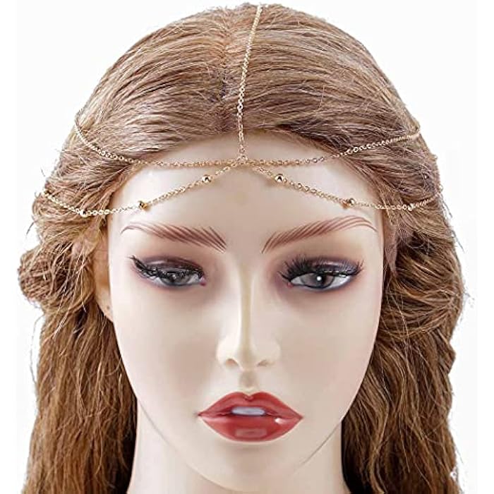Bomine Boho Beaded Head Chain Gypsy Hair Chain Festival Wedding Jewelry Headpieces Hair Acessories for Women and Girls (Gold) - Image 1